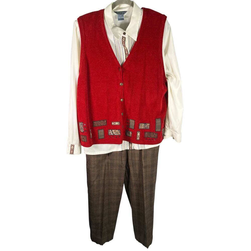 Koret Embellished Red Sweater Vest + Embroidered Blouse + Plaid‎ Pants 18/12 Set